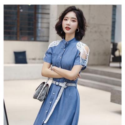 ĐẦM JEAN XÒE CỔ TRỤ PHỐI TAY REN TRẮNG - NJ914